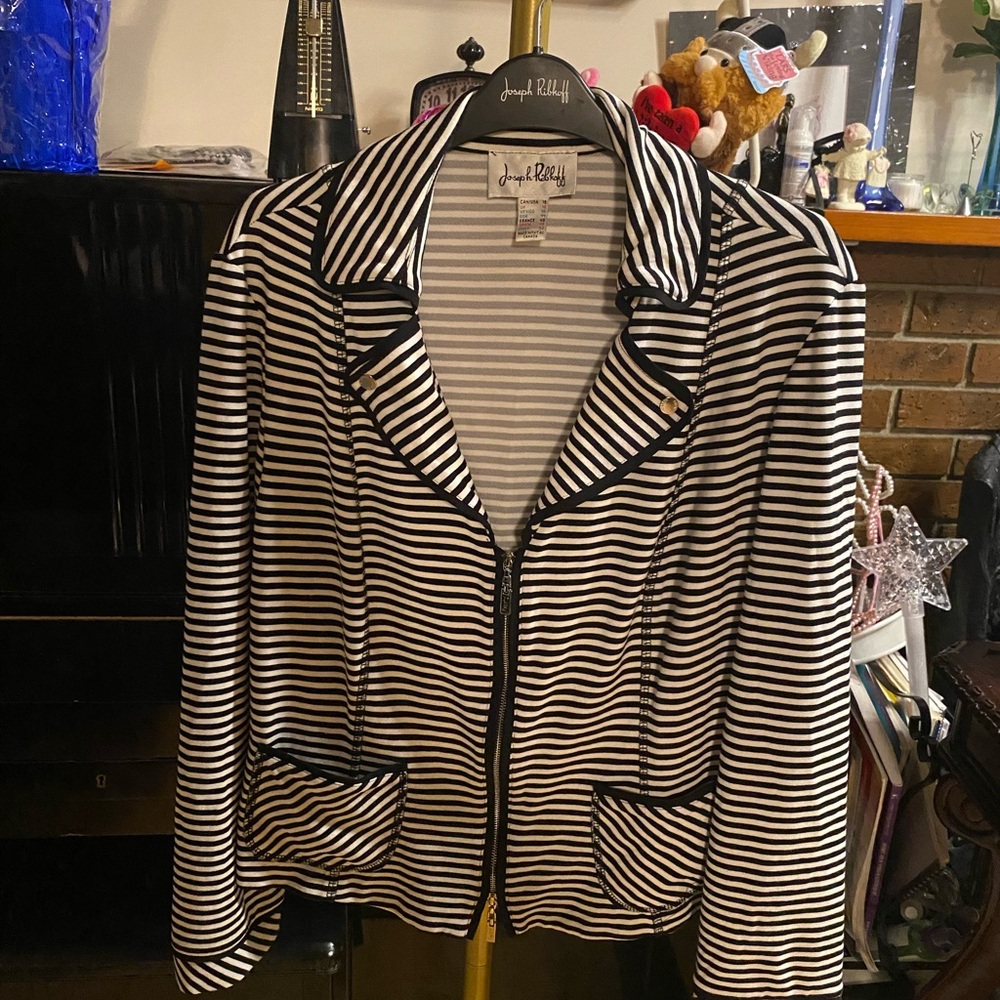 Joseph Ribkoff Black and White Striped Double Zip-Front Blazer